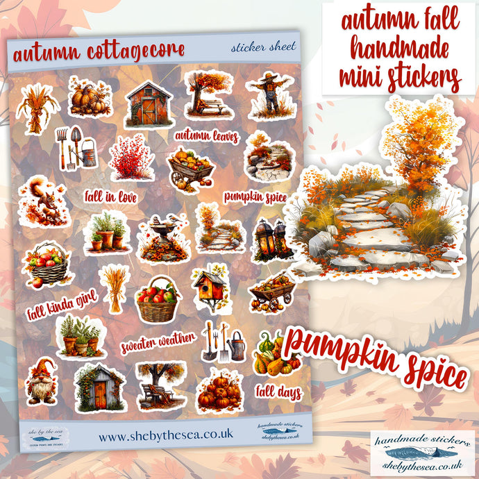 Autumn Fall Cottagecore Sticker Sheet, 32 stickers Picture & Text, gourds plant pots gonks barrows leaves trees vintage deco, Handmade in uk