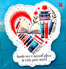 Load image into Gallery viewer, Large Die-Cut Book Lovers Stickers. Special EASY PEEL design HANDMADE in the uk, 7cm 2.75 in. 18 designs and quotes. Buy 1 to 18
