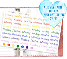 Load image into Gallery viewer, Mini Days of the Week Script Stickers -  Monday to Sunday labels for planner or bullet journal. Colours of the Rainbow. Handmade in the UK.
