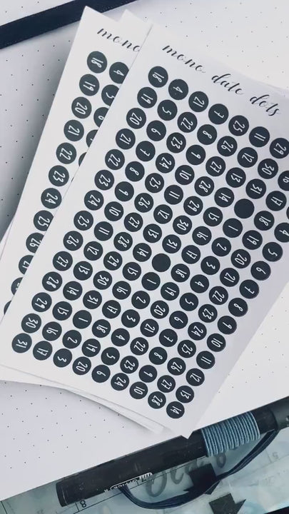 Black & White Date Dots, Mini dated round stickers for mono planner, diary or journal