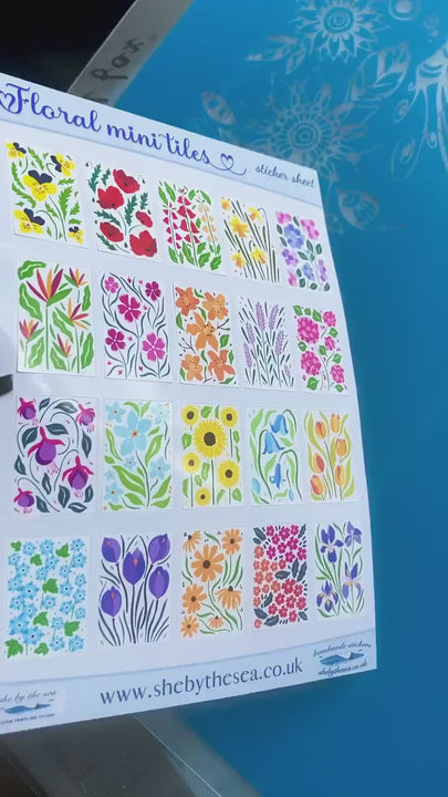 Flower Stamps Stickers sheet. Mini floral artworks, decals deco for bullet journals. Tiny tiled stickers of English garden floral sprays.