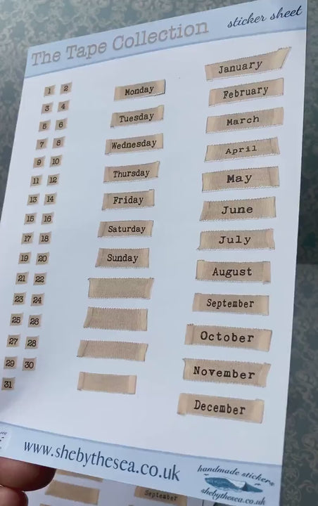 Dates Days and Month Stickers featuring vintage tape. Unique Date Dots with Bandaid appearance & typewriter script. Unusual Month Markers