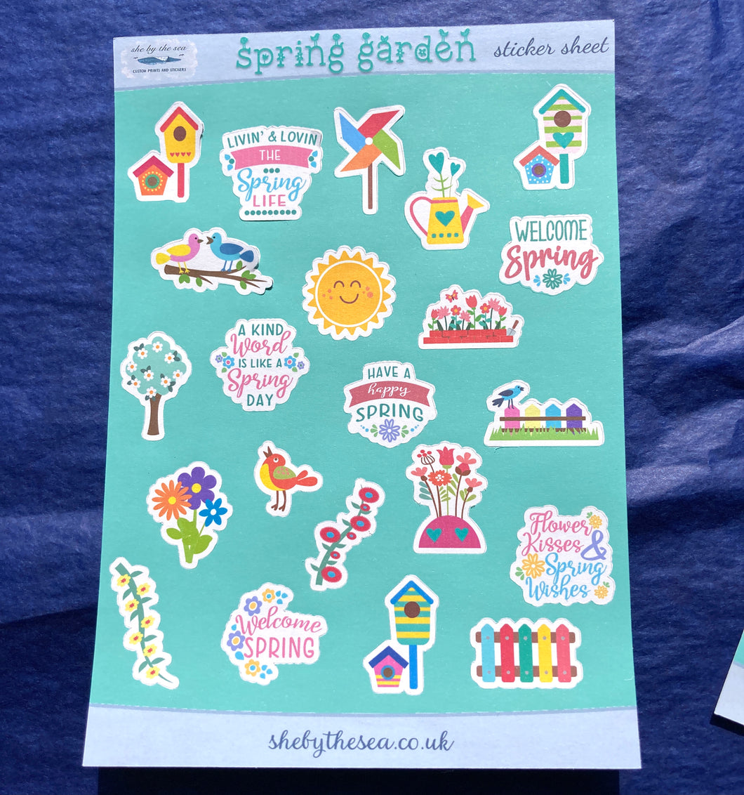 SPRING GARDEN Sticker Sheet, for Planners and Bullet Journals. Deco stickers handmade in the UK. Brightly Coloured Mini Decals for Kids