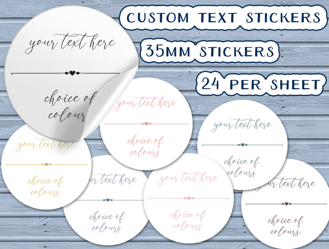 Custom Round Stickers with a cursive font and choice of colours - personalised business and product labels handmade in the UK