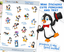 Load image into Gallery viewer, Mini stickers of cute penguins and text. Stickers sheet handmade in the UK.

