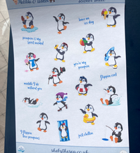 Load image into Gallery viewer, Mini stickers of cute penguins and text. Stickers sheet handmade in the UK.
