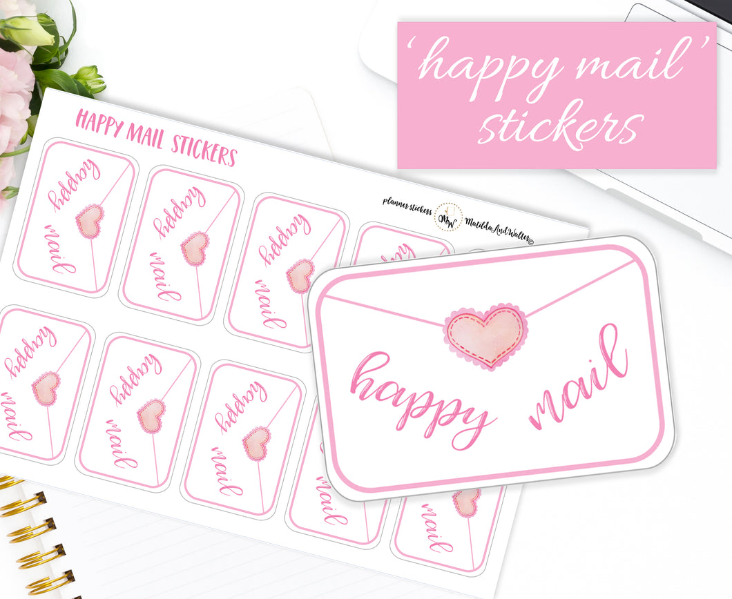 Pink Happy Mail Stickers for envelopes. Suitable for sealing PIP boxes.