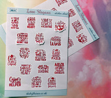 Load image into Gallery viewer, Valentine Slogans Mini Stickers for Planners and Bullet Journals | Deco sticker sheet with 17 romantic slogans in pink and red watercolour
