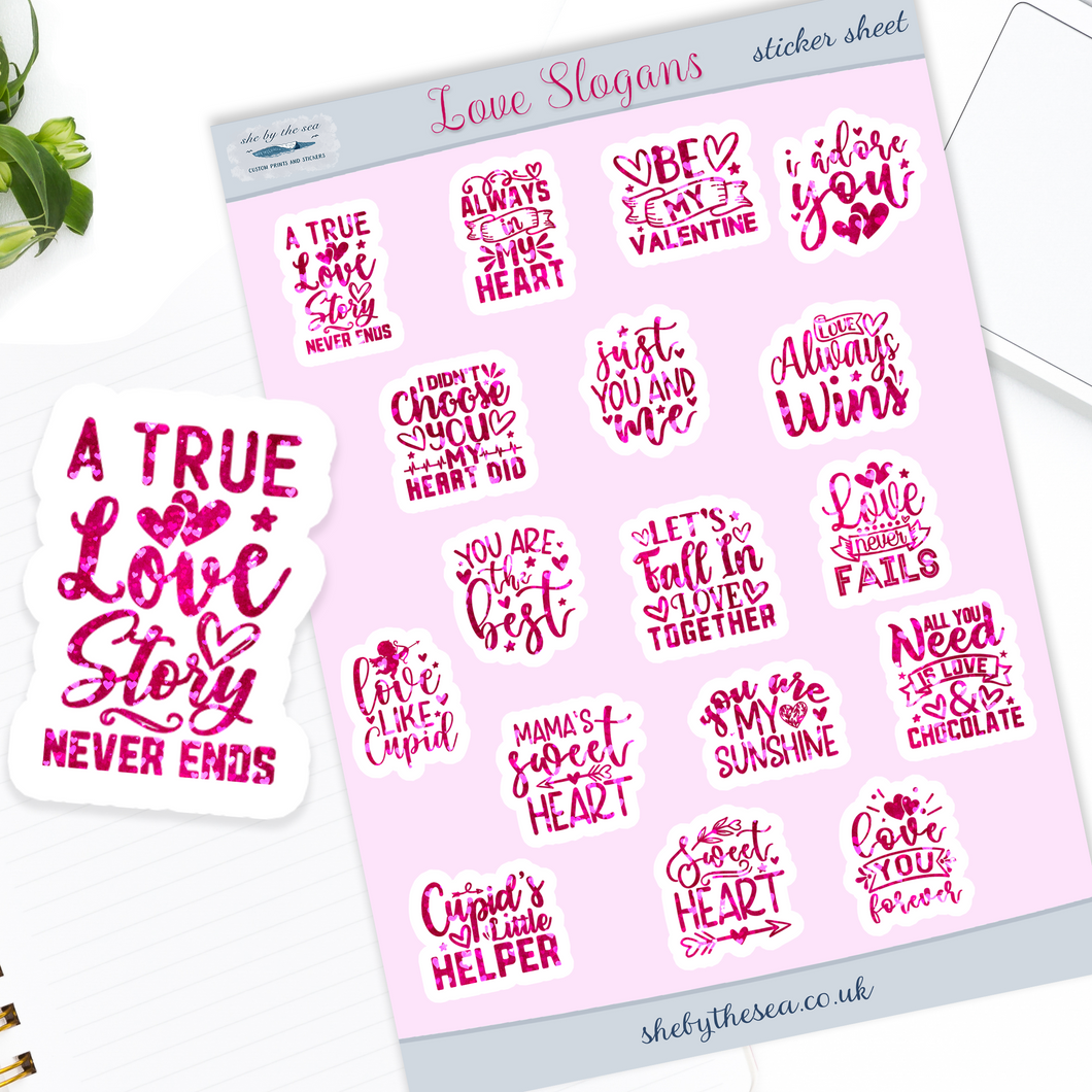 Valentine Slogans Mini Stickers for Planners and Bullet Journals | Deco sticker sheet with 17 romantic slogans in pink and red watercolour
