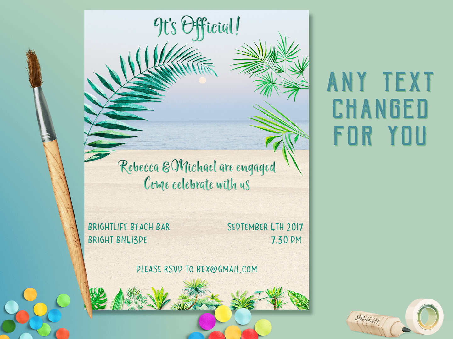 Tropical Engagement Invitation -  A customised printable invitation with a gorgeous beach scene constructed from my photography.