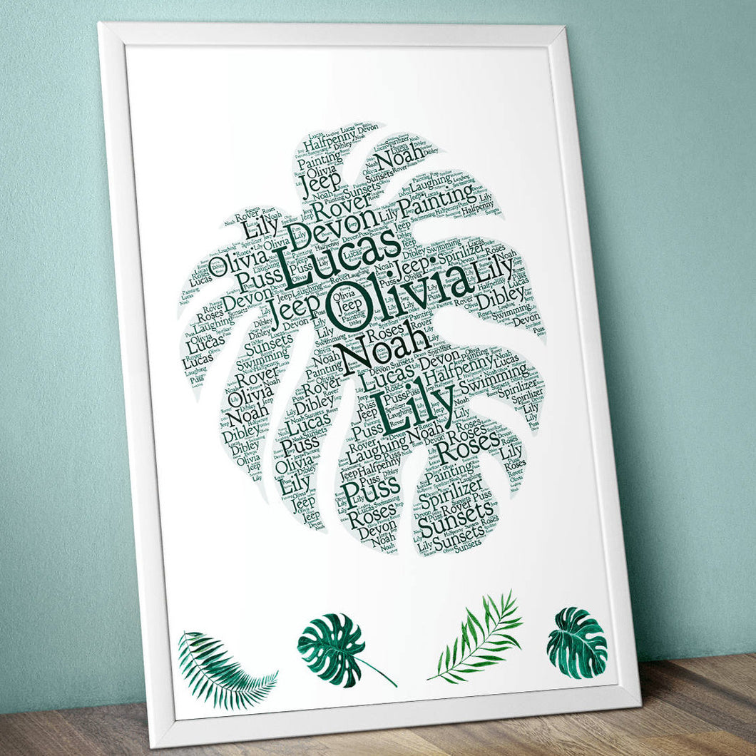 Custom Monstera Leaf Word Cloud - Printable artwork personalised for you. Physical print available