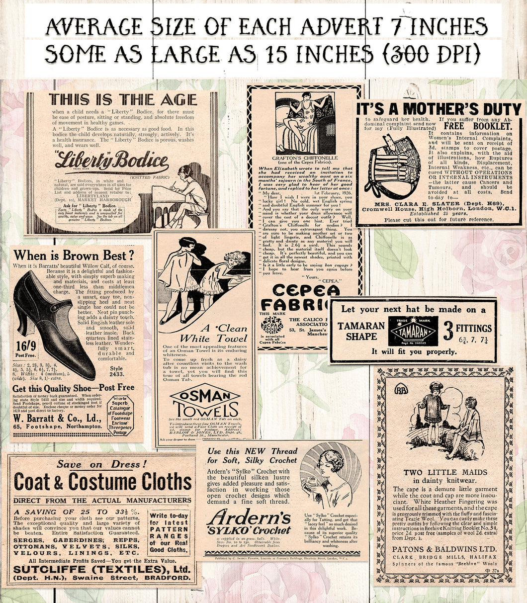 Vintage Clothing Advertisements - British newspaper adverts. Commercial use ephemera for scrapbooking etc.