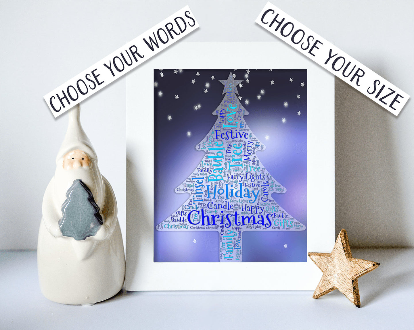 Custom Christmas Tree Shaped Word Cloud - holiday personalised text art emailed or printed and posted