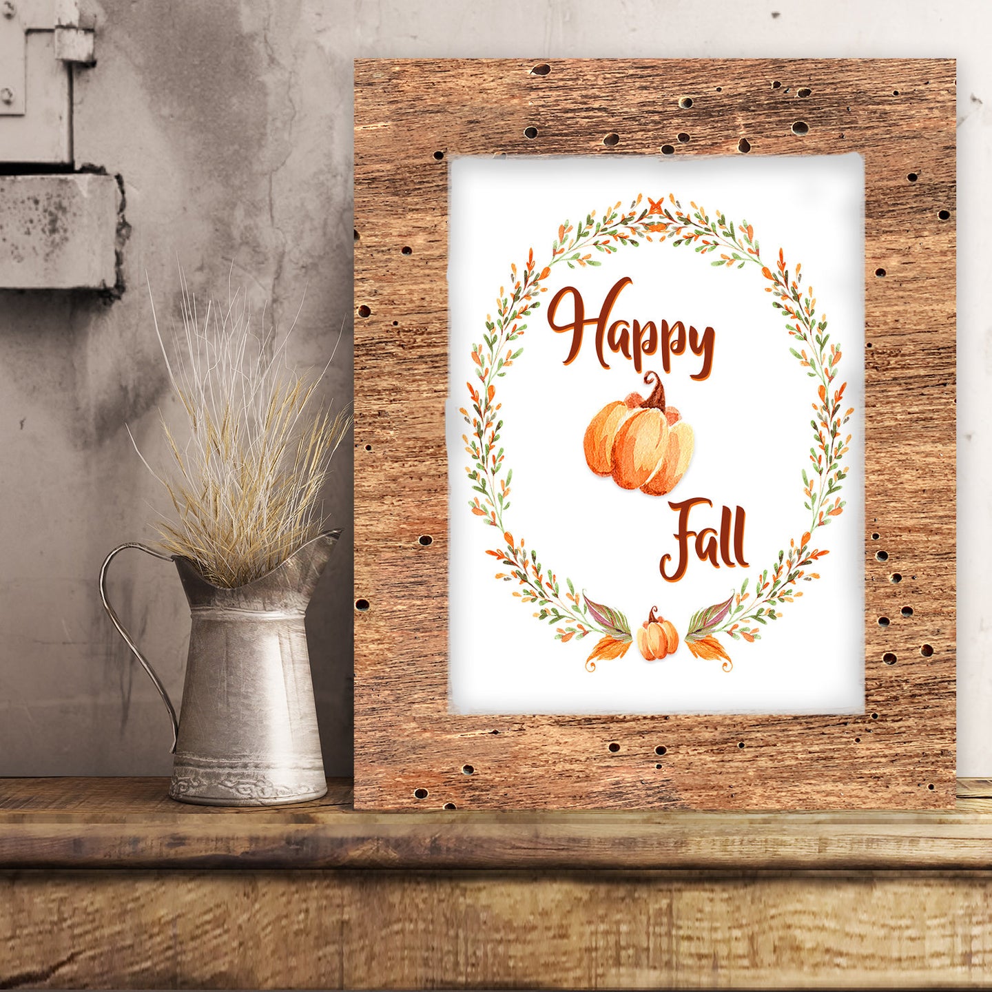 Fall Printable Artwork with a pumpkin and greenery wreath. Instant download