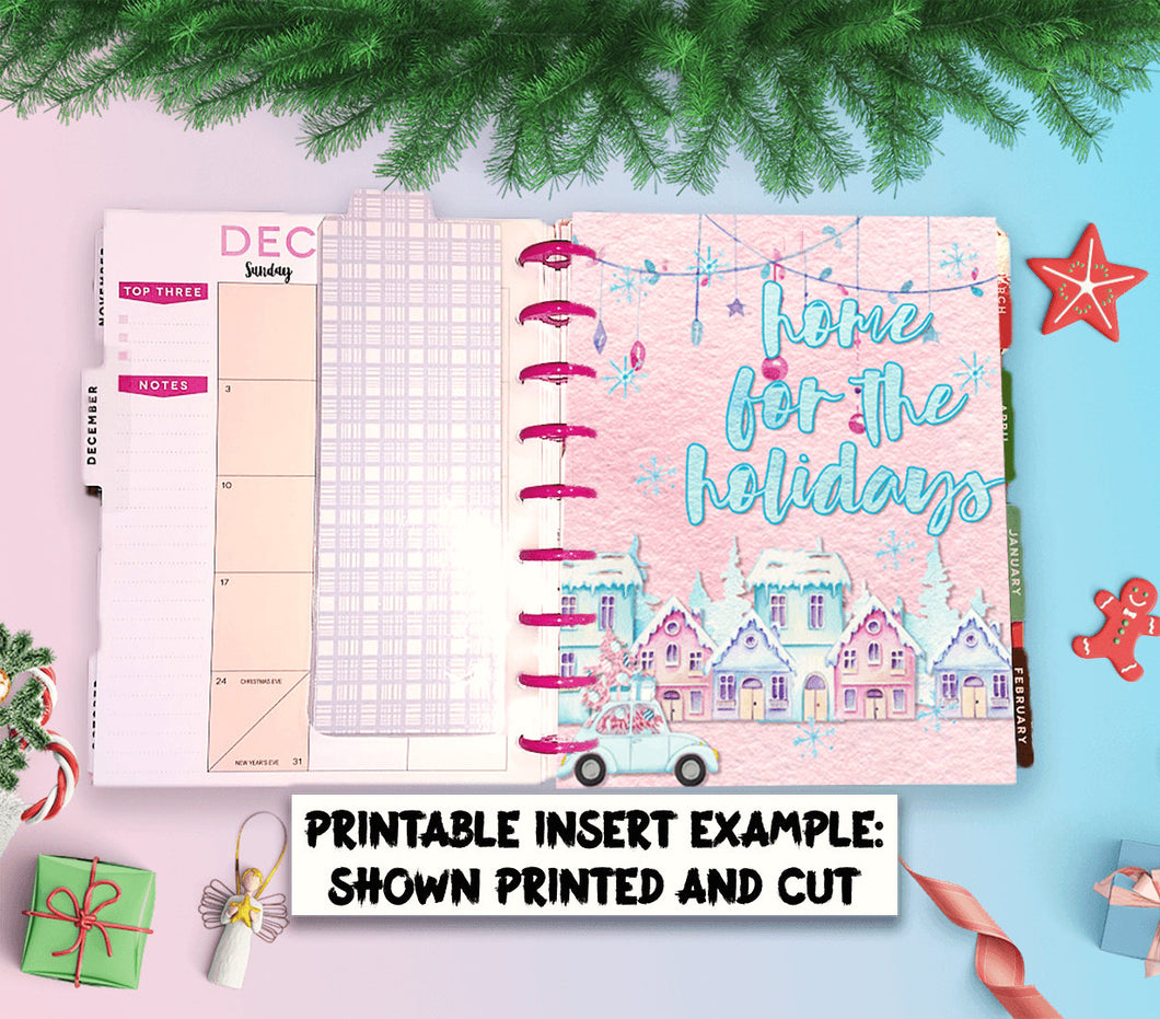 Christmas Planner Dashboard featuring gorgeous pink and baby blue Holiday houses decor - A 7 x 9 inch instant download