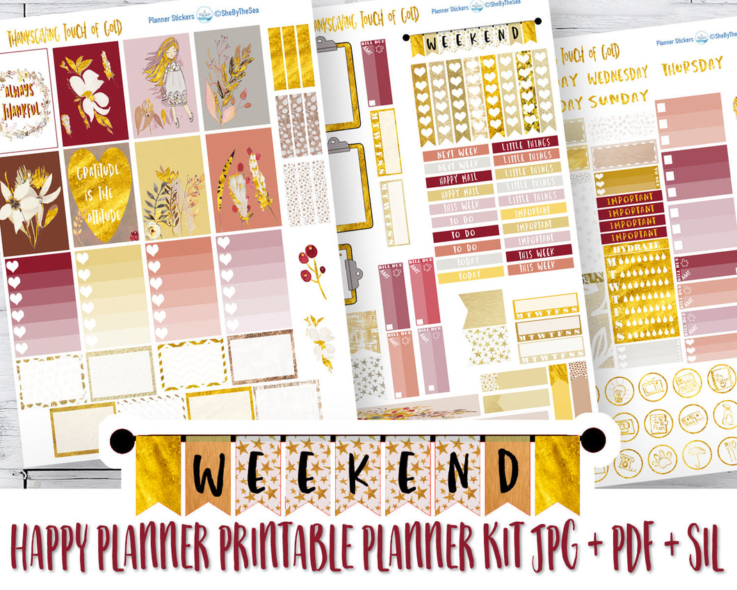 Unique Happy Planner gratitude kit with touches of gold leaf effect. Instant download planner stickers.