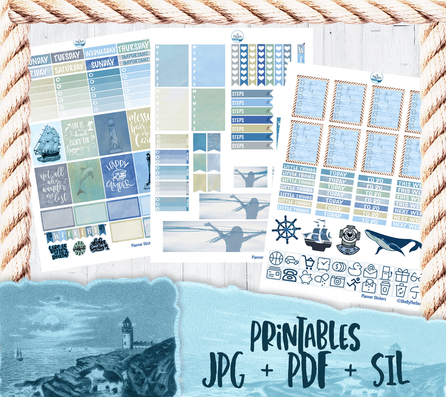 Printable Nautical Planner Kit to fit Erin Condren Lifeplanner. Coastal theme of blues and sand. Download now, print and cut
