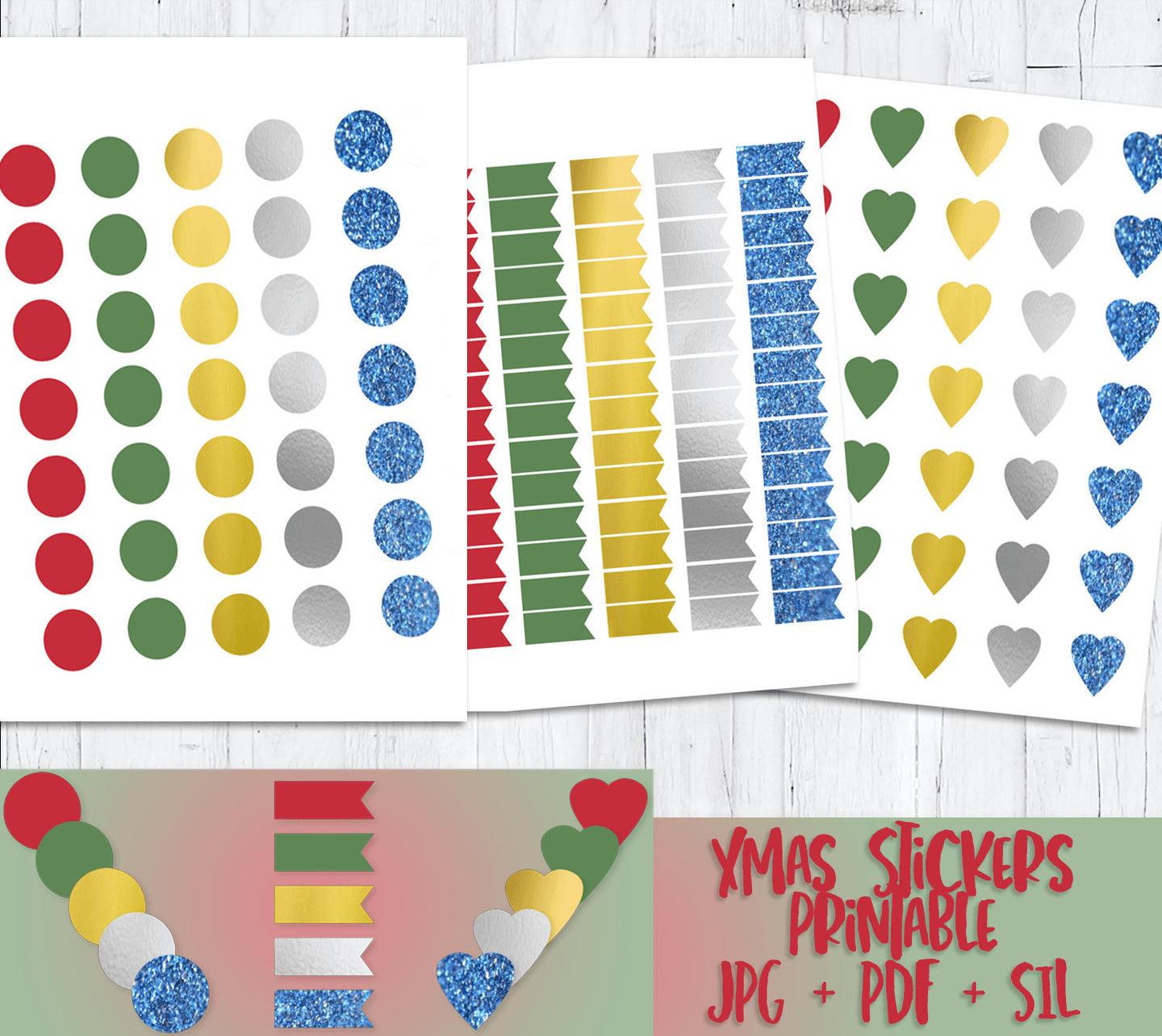 Christmas Printable Deco For Scrapbooking - hearts, circles, and flags in metallic holiday colours