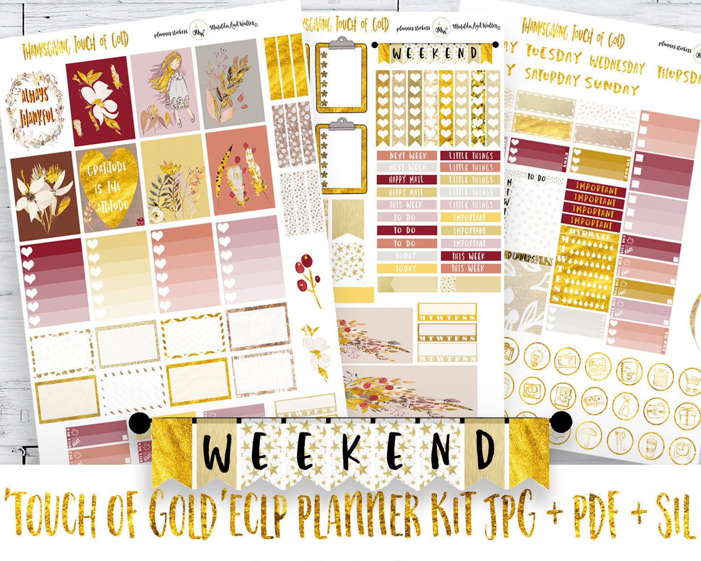 Unique Planner Kit for Thanksgiving. Vertical stickers sized for Erin Condren. Touches of gold leaf effect. Printable Instant download planner stickers