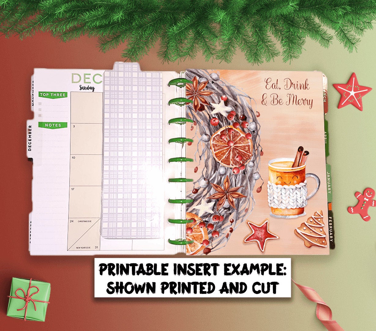 Christmas Dashboard to fit Erin Condren Planners - A Holiday printable download featuring the text 'Eat, Drink and Be Merry