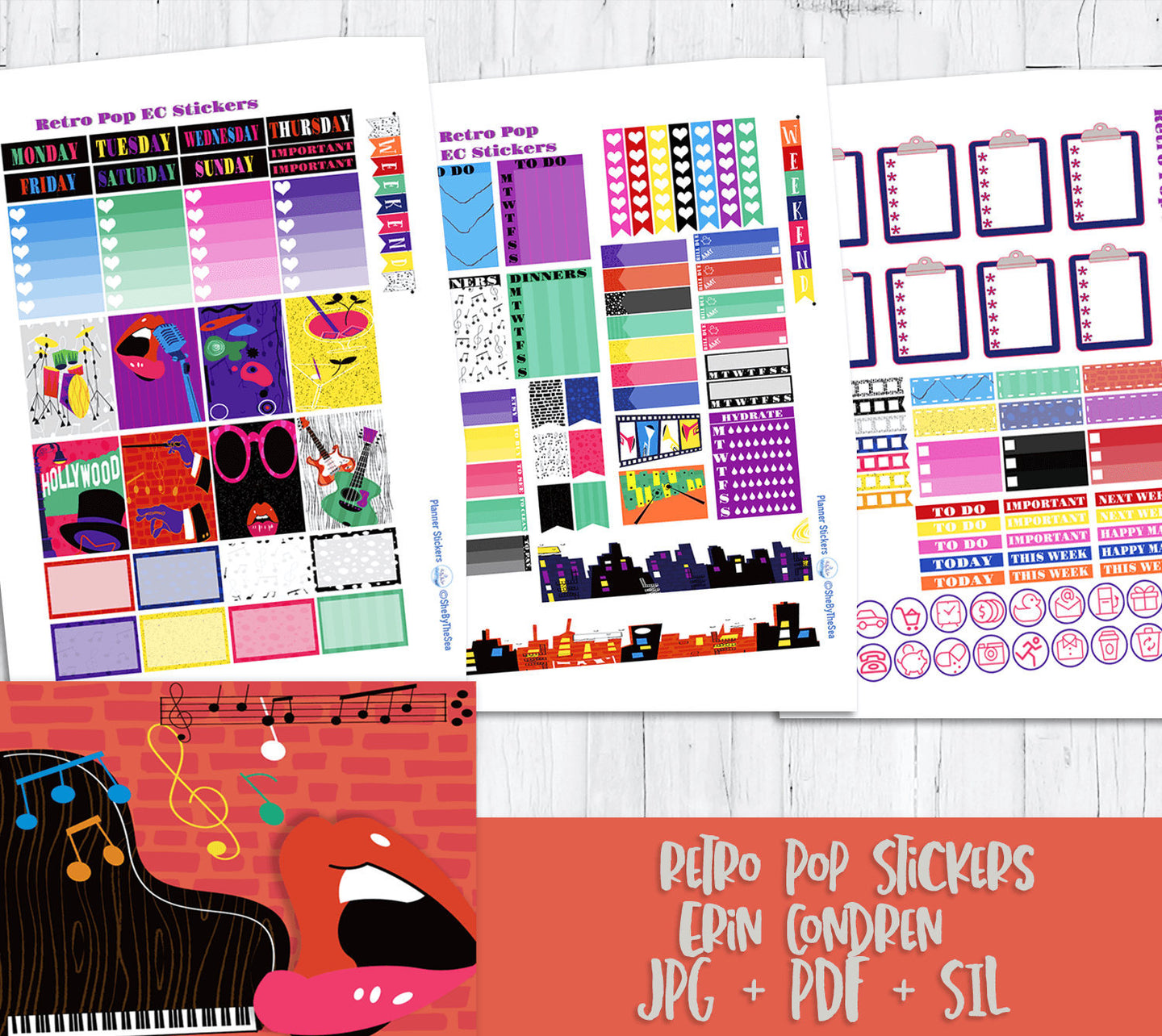 A printable vertical planner kit decorated with a retro, pop music theme - These stickers are perfect for you if you like bright colours.
