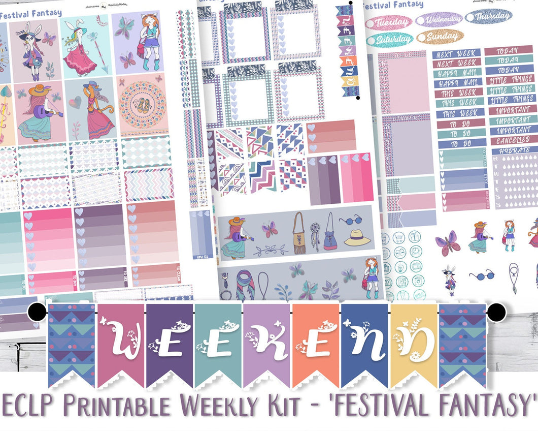 Boho Hipster 'Festival Fantasy' Printable Vertical Sticker Kit to fit Erin Condren - Silhouette Cameo Cut File + PDF and JPG