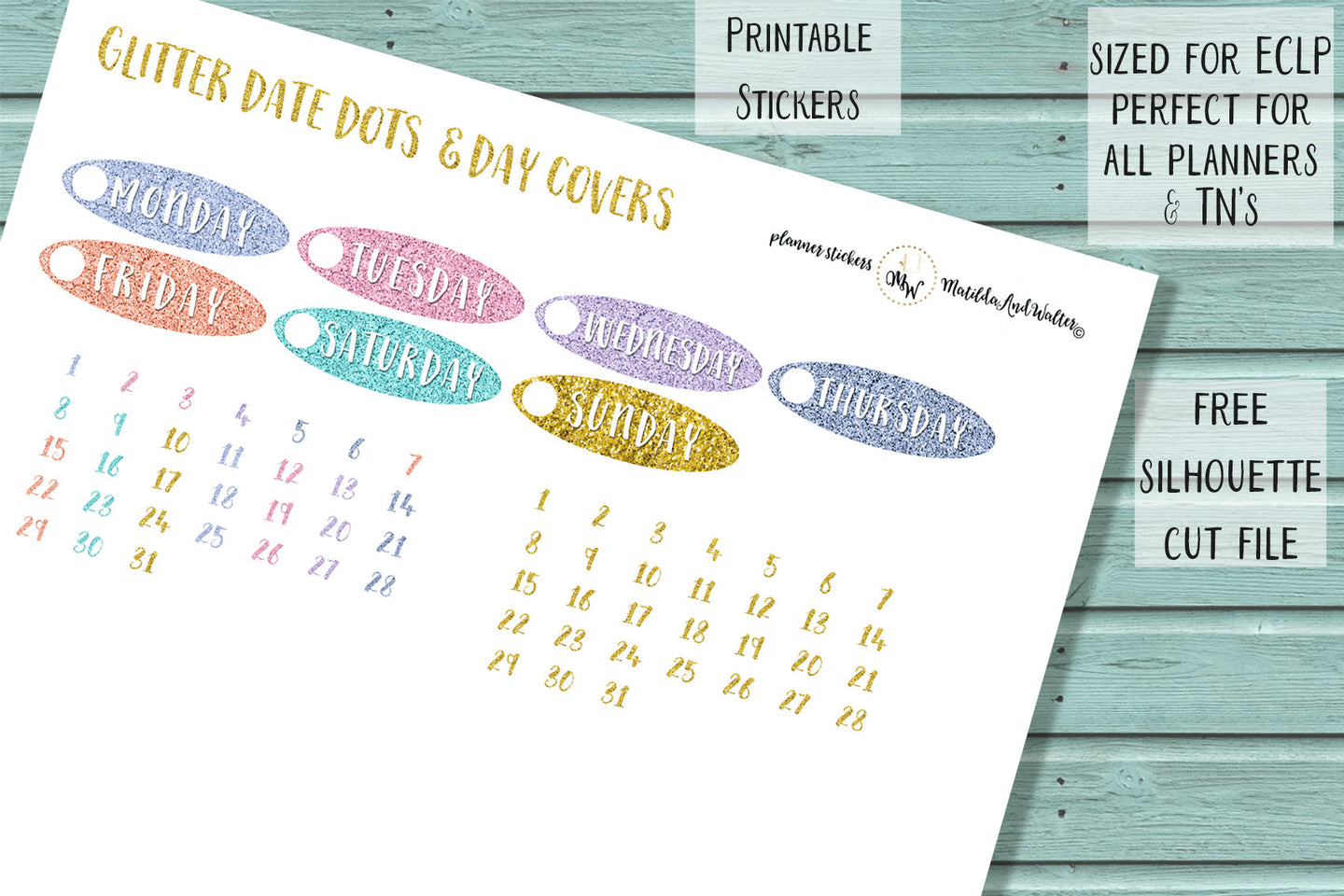 Printable Day Covers and Date Dots with a gorgeous faux glitter effect - Download and print now