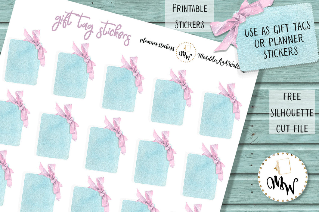 Printable Watercolour Stickers | Ribbon Bow Gift Tag Stickers | Polka Dot Gift Tags | Gift Tag Stickers Pink Bow | Printable Gift Stickers