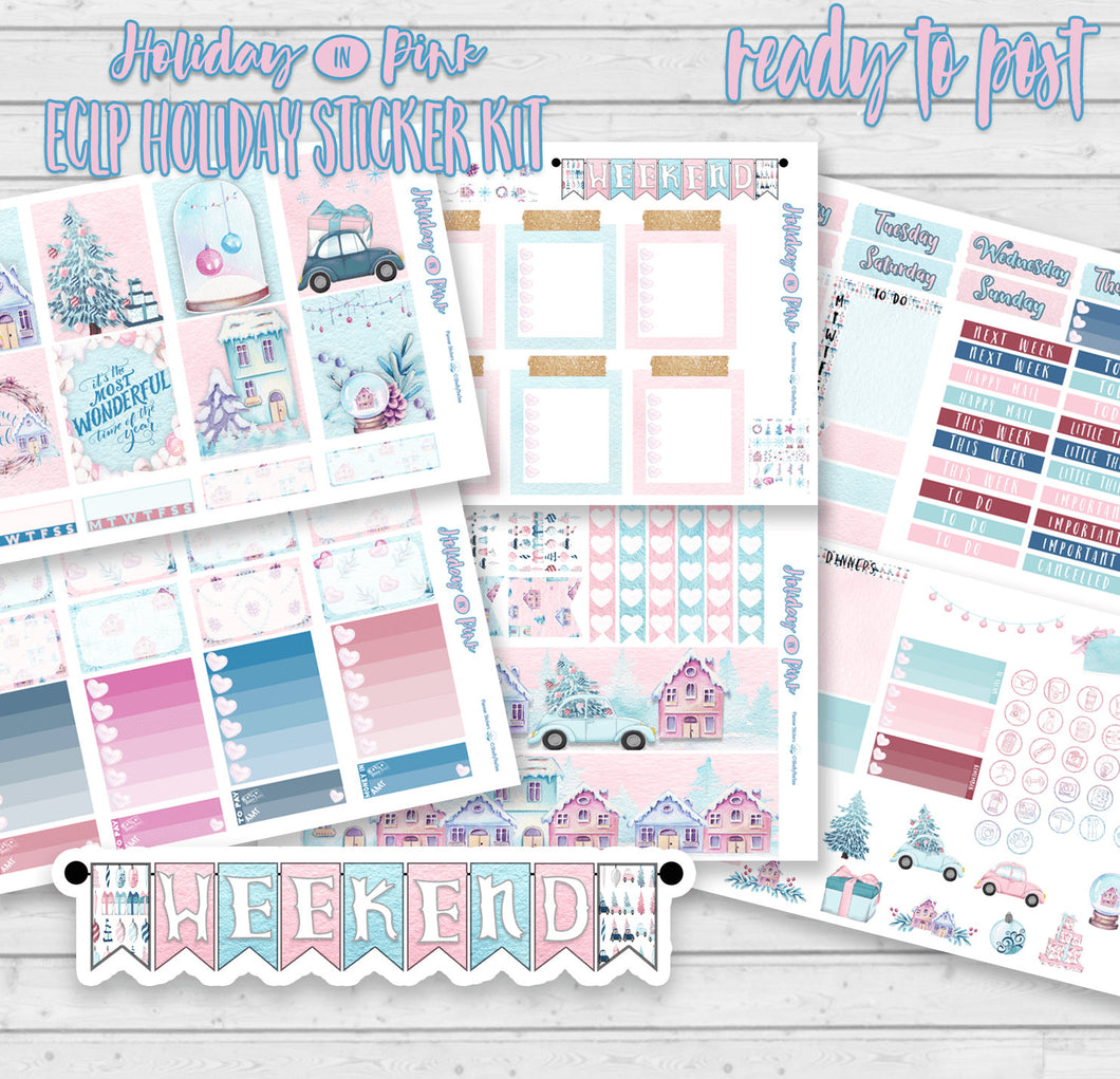 Pink Christmas Sticker Kit for Vertical Planner - Original handmade stickers in pink and baby blue. From the UK