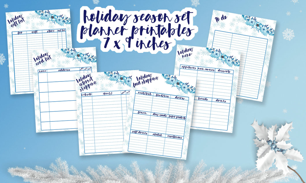 Christmas Organiser Lists Stationery Set with blue florals - For planner or file, ready to download now