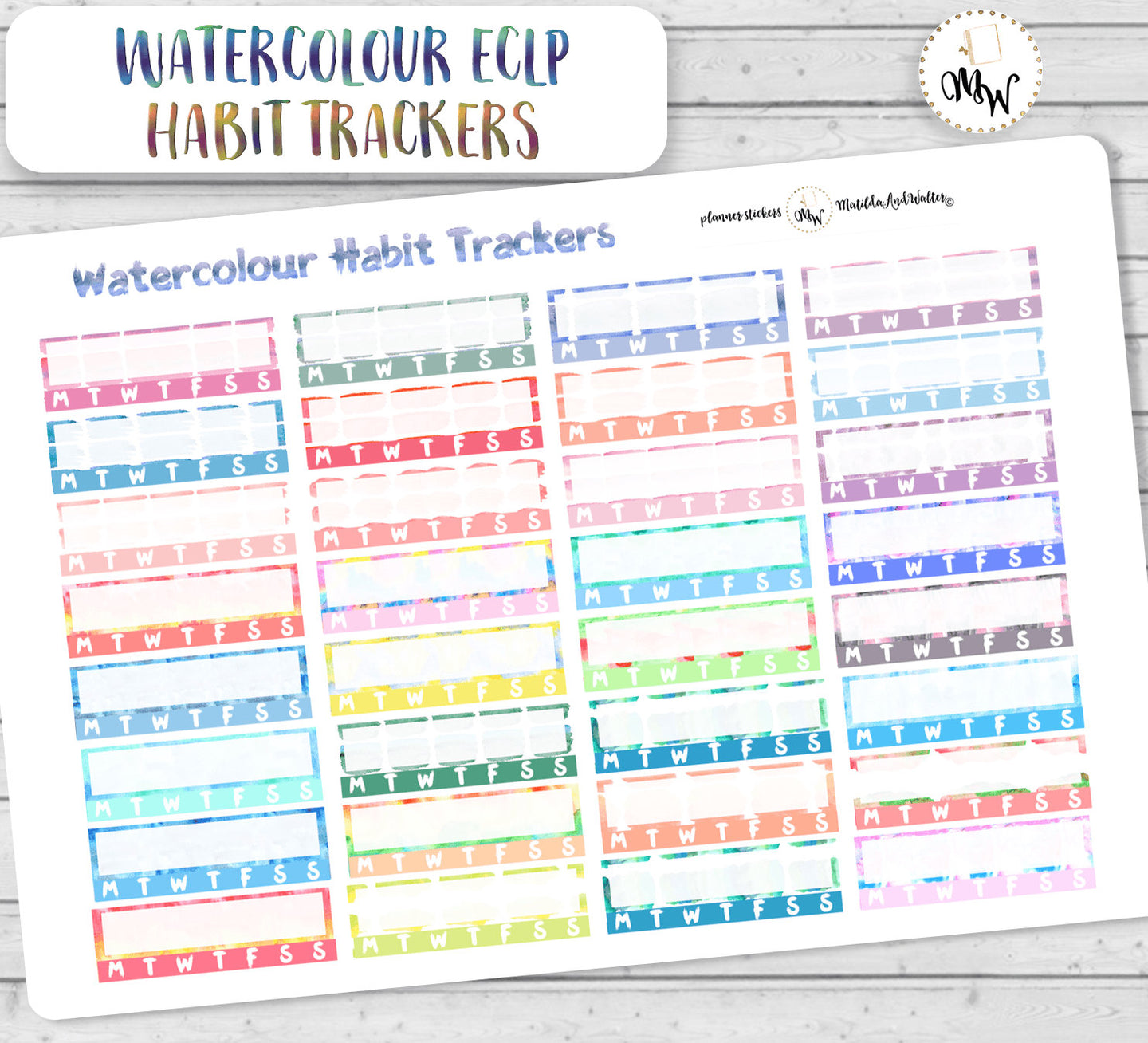 Multicoloured Habit Trackers. Planner Stickers in rainbow colours. Handmade in the UK