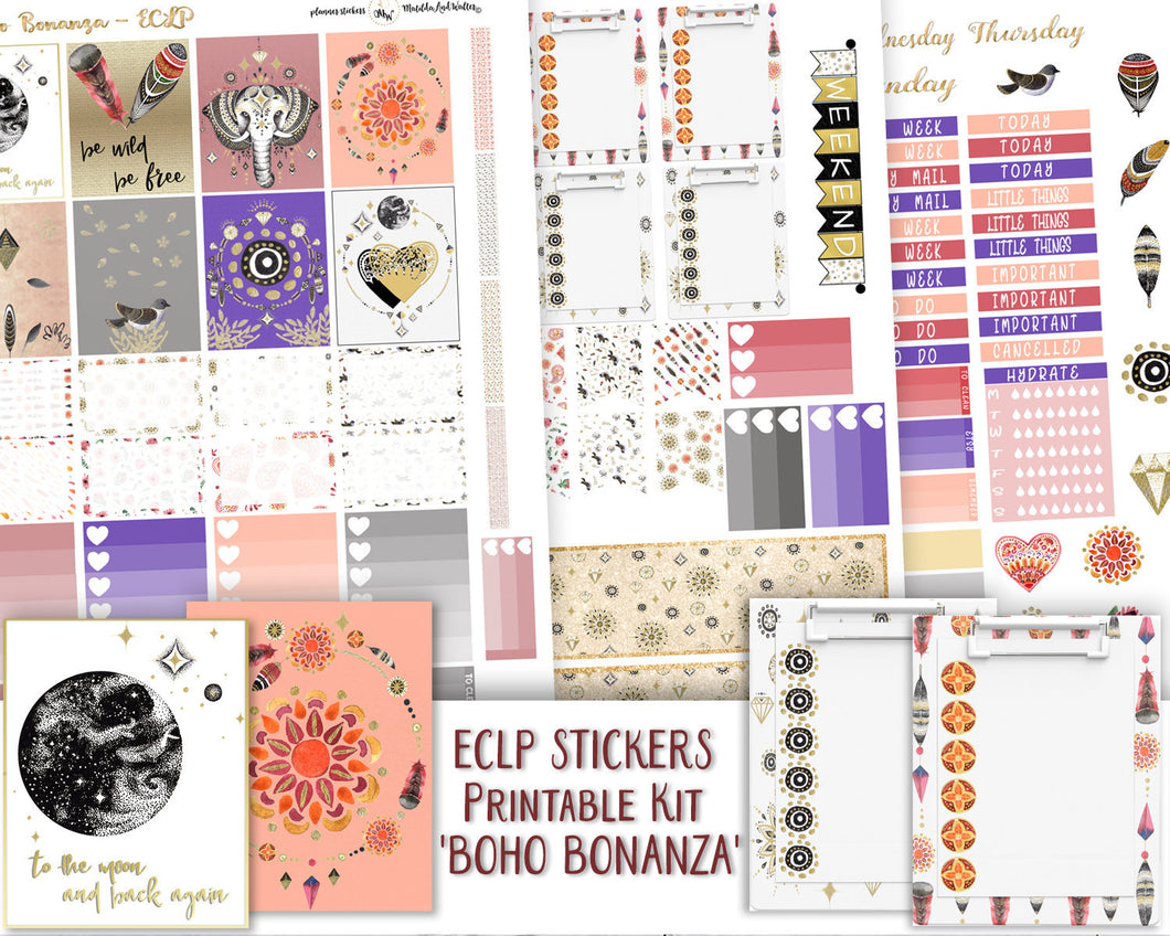 Printable Boho Planner Vertical Kit - Stickers to fit ECLP with a boho chic style.