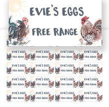 Load image into Gallery viewer, Custom Egg Box Labels with artwork, for free range egg sellers. Farm egg sales stickers handmade in the UK

