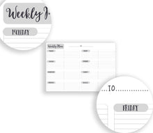 Load image into Gallery viewer, Week to A Page Printable Diary Sheets for The Foxy Fix or similar Traveller&#39;s Notebooks.Two sizes of A6 and B6, each with covers.
