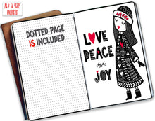 Load image into Gallery viewer, &#39;Love Peace &amp; Joy&#39; Black and Red Travellers Notebook Dashboards - PRINTABLE inserts to fit A6 and B6 Foxy Fix style planner
