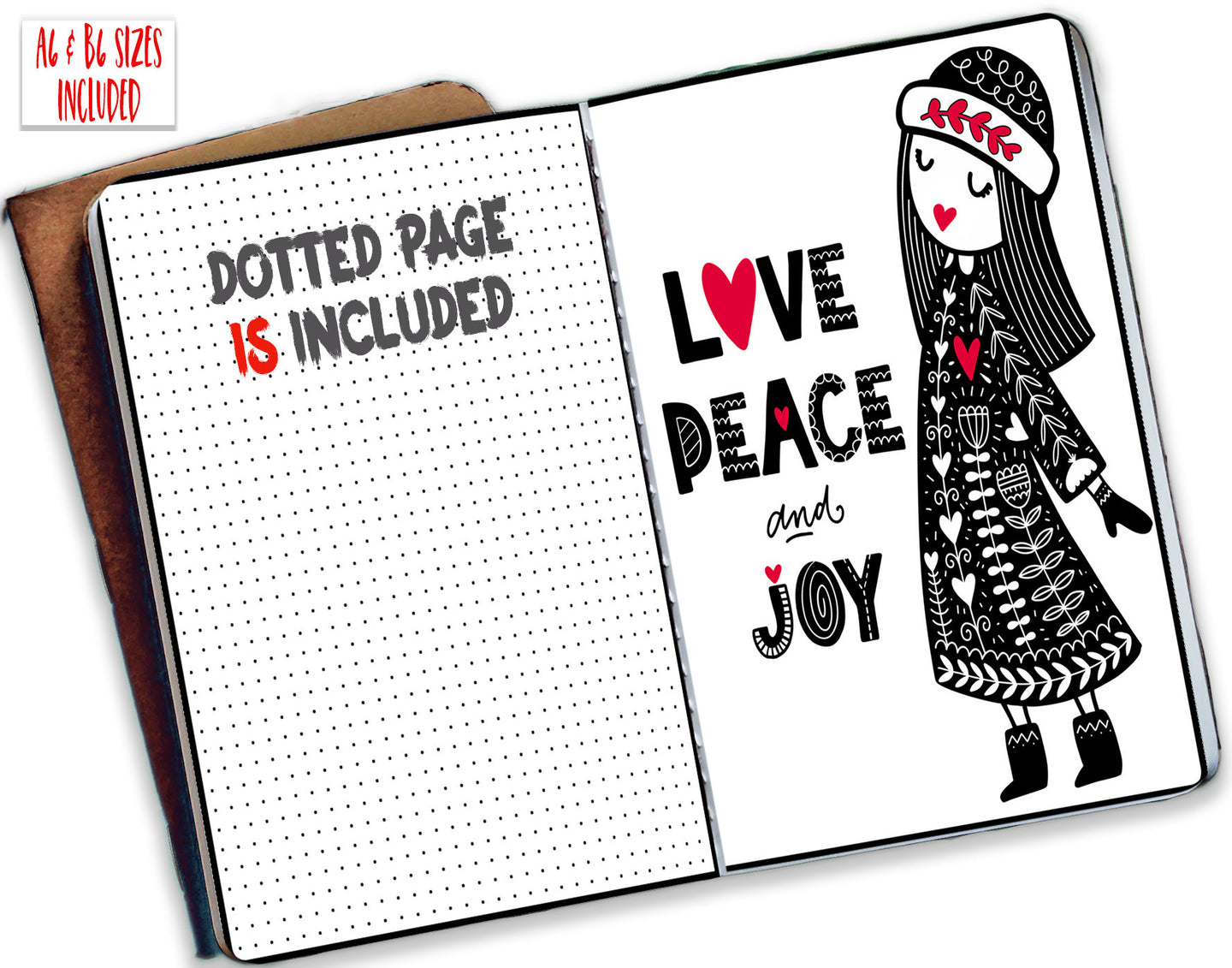 'Love Peace & Joy' Black and Red Travellers Notebook Dashboards - PRINTABLE inserts to fit A6 and B6 Foxy Fix style planner