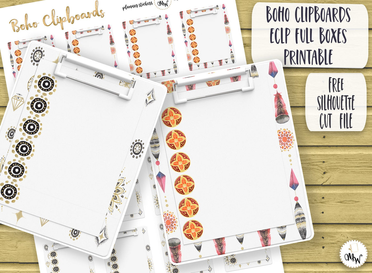 ECLP Boho Full Boxes | Mini Planner Clipboards | PRINTABLE Planner Stickers | Hippy Planner Deco | Feather Boho Theme Deco Clipboards| ECLP