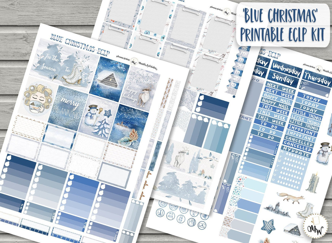 Printable Christmas Planner Kit to fit Erin Condren - blue winter theme sticker kit to download now