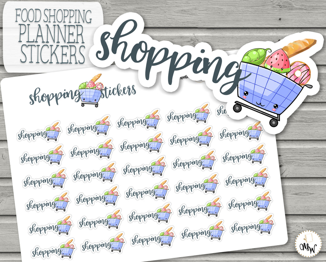 Cute Shopping Trolley Stickers - Kawaii planning for your grocery food shop. Mini stickers handmade in the UK.