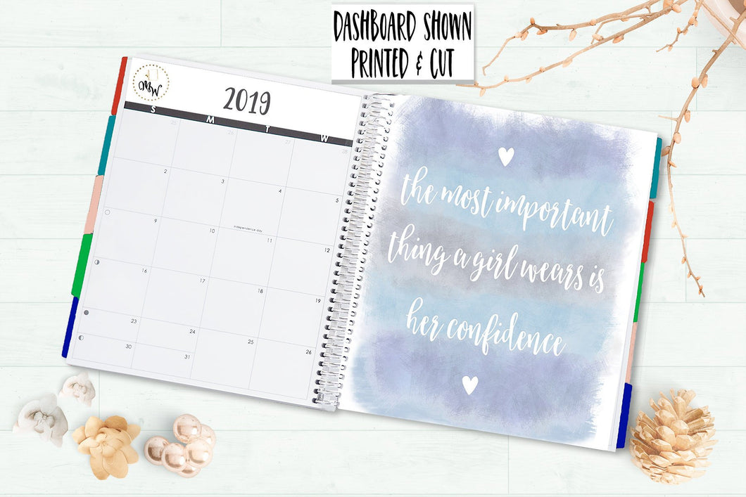 7 x 9 Printable Planner Dashboard with Watercolour Soft Pastel Colours - THE MOST IMPORTANT THING A GIRL WEARS IS HER CONFIDENCE