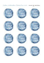 Load image into Gallery viewer, Custom Watercolour Round Text Stickers with colour choices. Custom Party Favor Labels with a star sprinkled border. Baby Shower Sticker Sheets.
