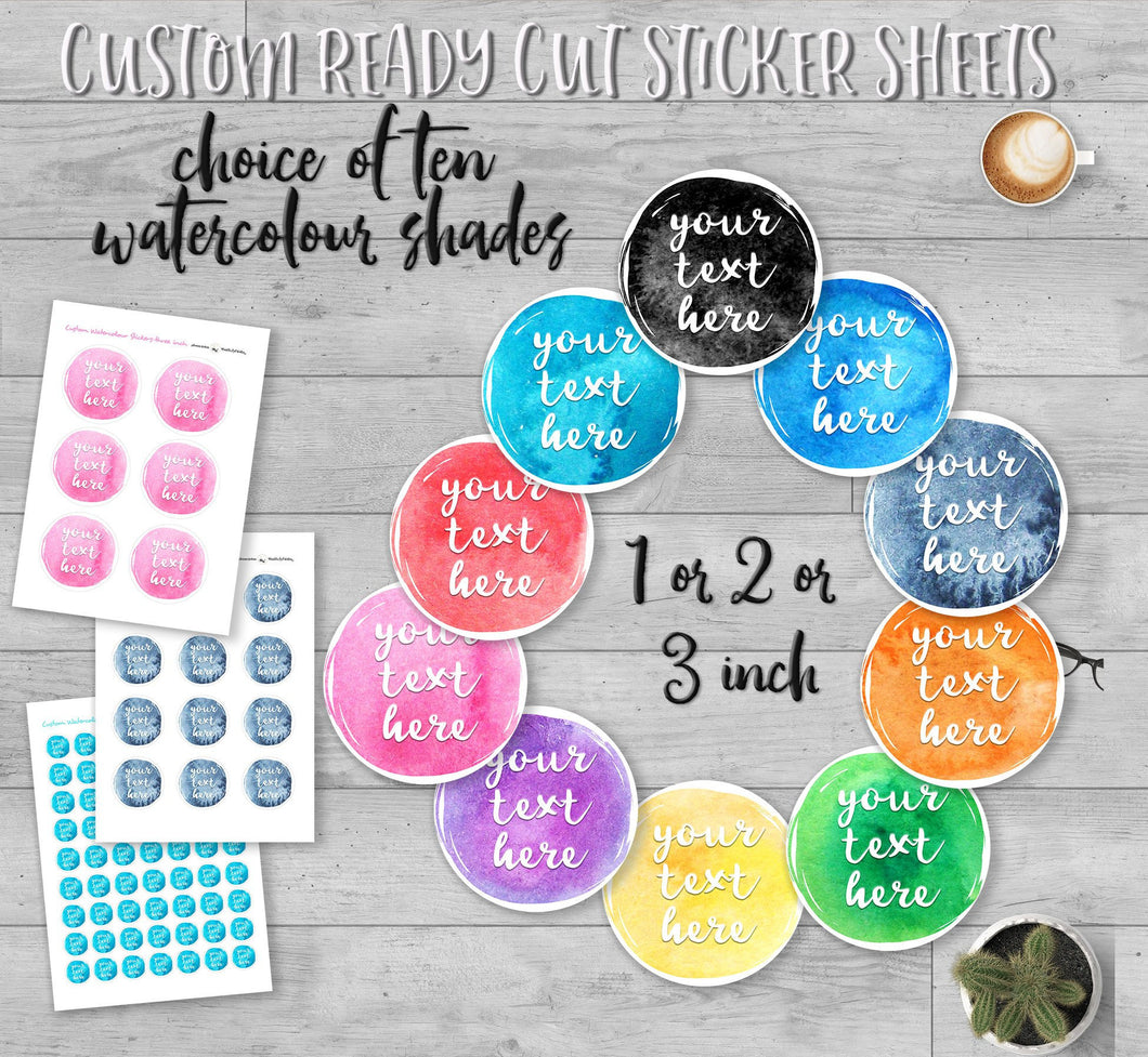 Custom Watercolour Round Text Stickers with colour choices. Custom Party Favor Labels with a star sprinkled border. Baby Shower Sticker Sheets.