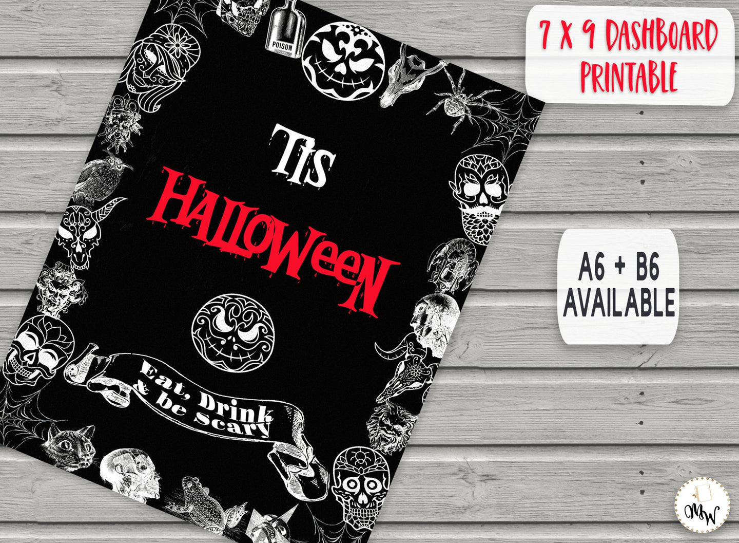 Halloween Planner Dashboard 7 x 9 inches | Horror PRINTABLE Dashboard | Halloween Insert | skulls, spiders, cobwebs  | ECLP Planner Insert