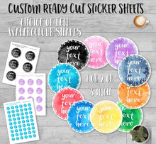 Load image into Gallery viewer, Custom Party Favor Labels | Custom Watercolour Stickers | Watercolour Round Text Stickers | Stickers for Party Bags | Circular Custom Labels
