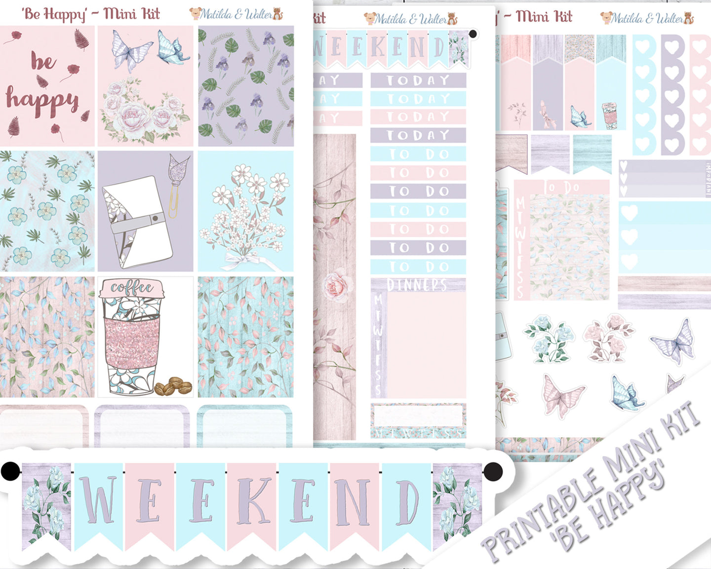 PRINTABLE Three Page Planner Kit with Pink, Blue & Lilac Stickers -  'Be Happy' A gorgeous floral and butterfly themed instant download