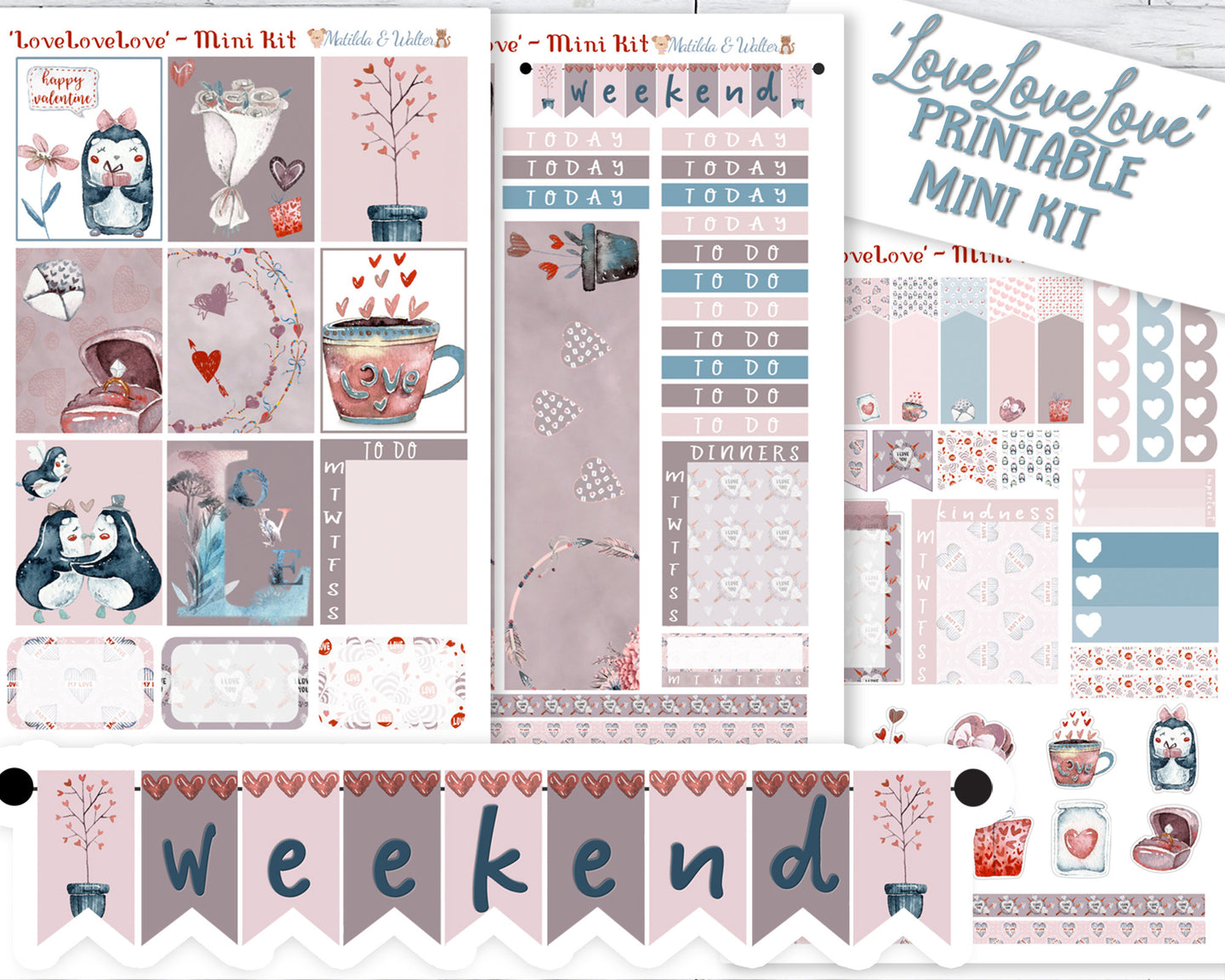 'LoveLoveLove' A printable Valentine planner stickers set, in gorgeous deep but muted shades.
