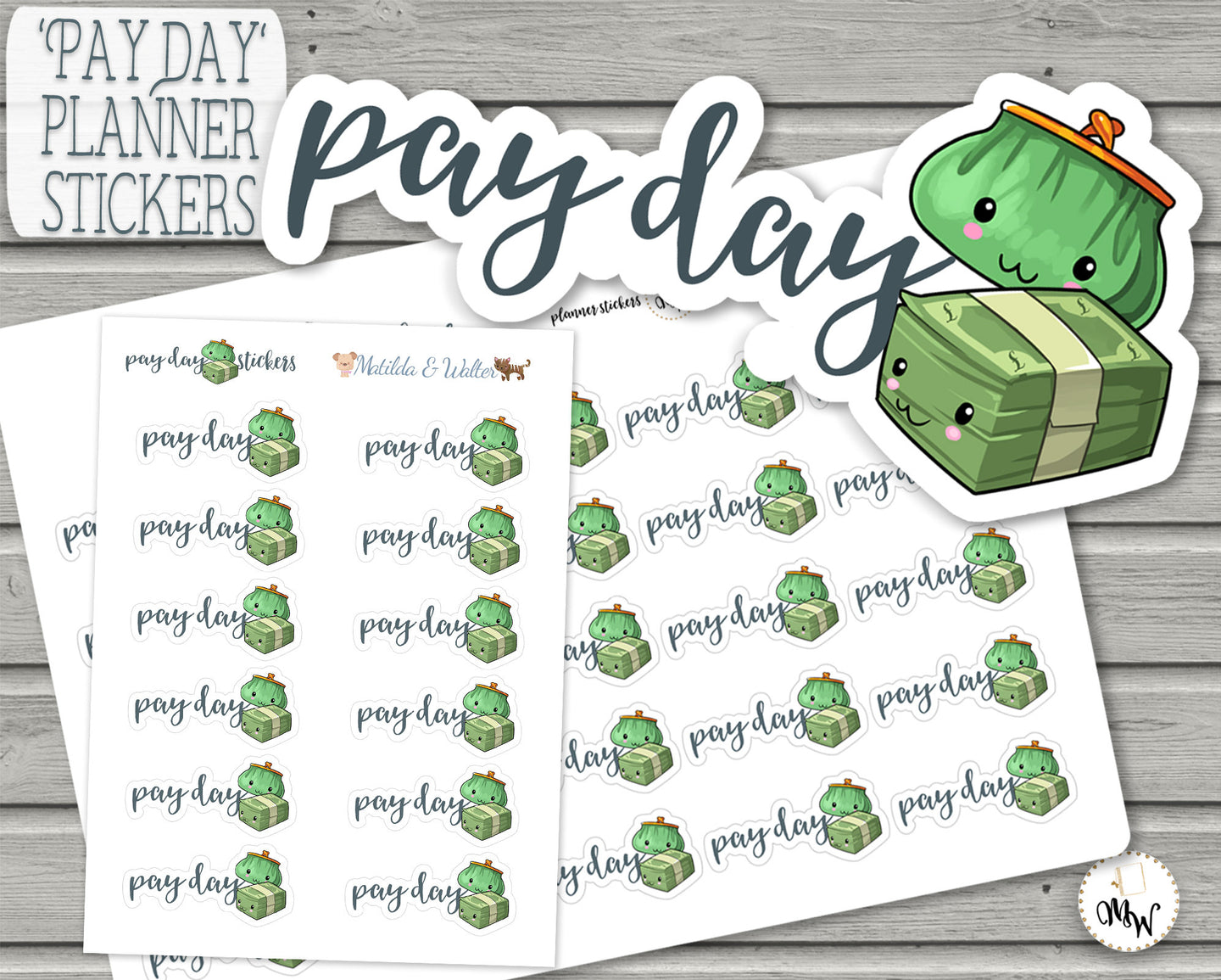 Pay Day Stickers - mini handmade planner stickers from the Functional Art Kawaii series