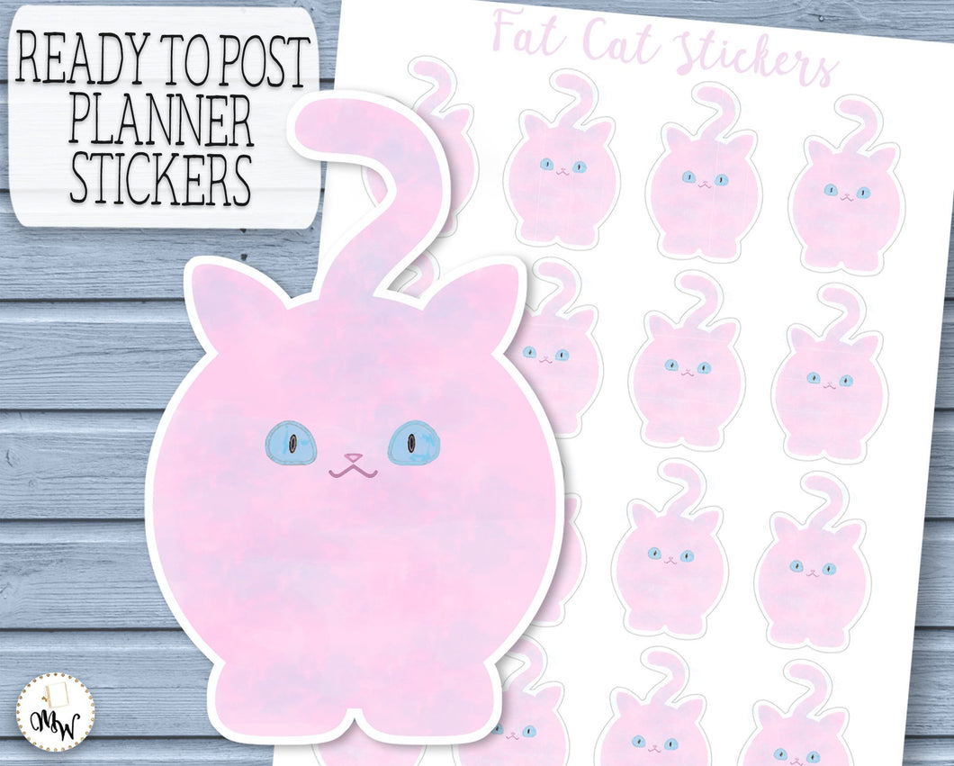 Fat Cat Stickers | A Sheet of Cute Watercolor Pink Cat Stickers.