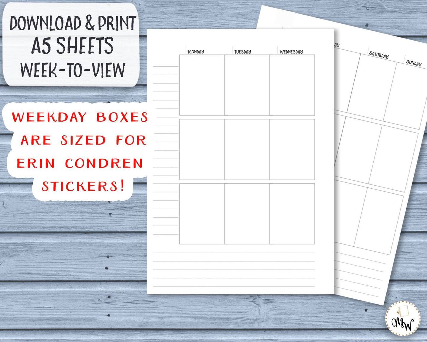 A5 Week to View Printable Insert, with Erin Condren Lifeplanner sized boxes.