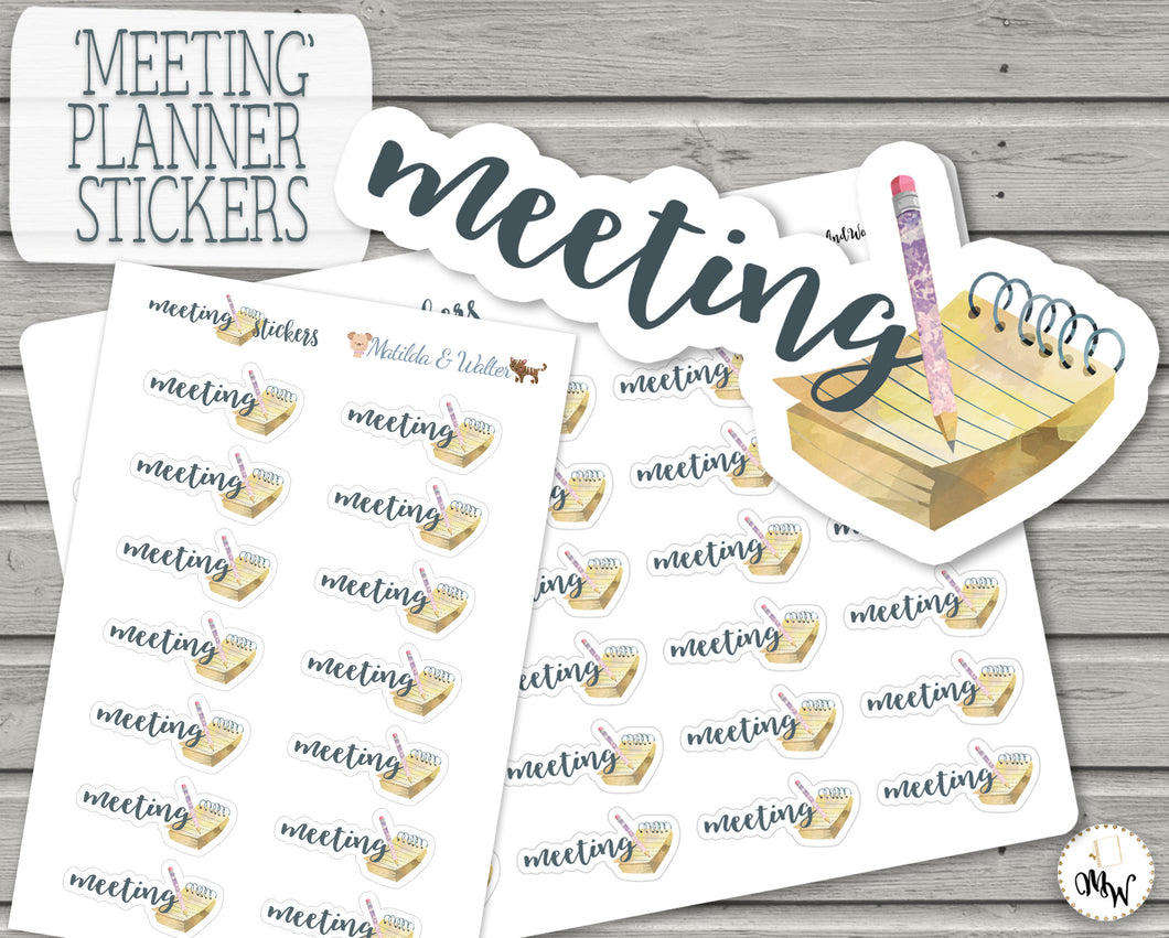 Meeting Reminder Mini Stickers - cute illustrated stickers with cusrsive text. Handmade in the UK.